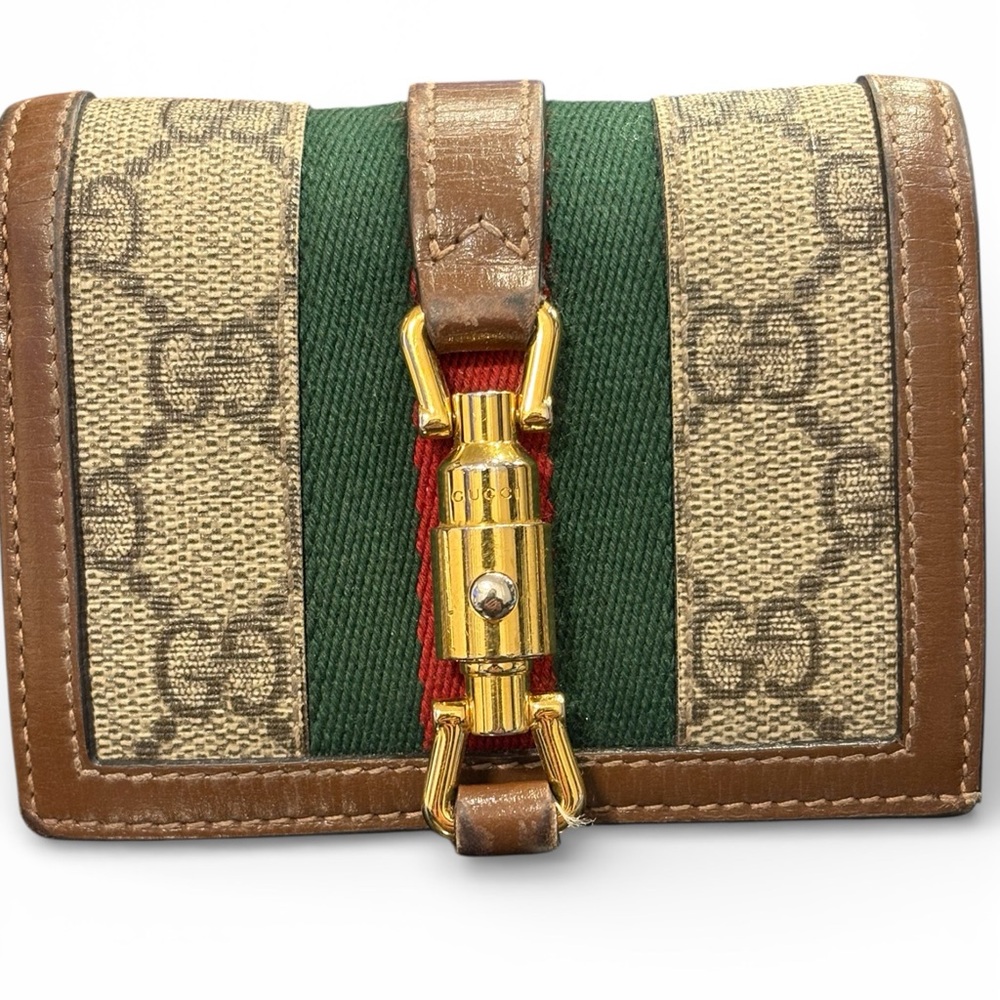 Gucci  Jackie Beige Monogram Canvas Wallet with Green & Red Web and Brown Trim